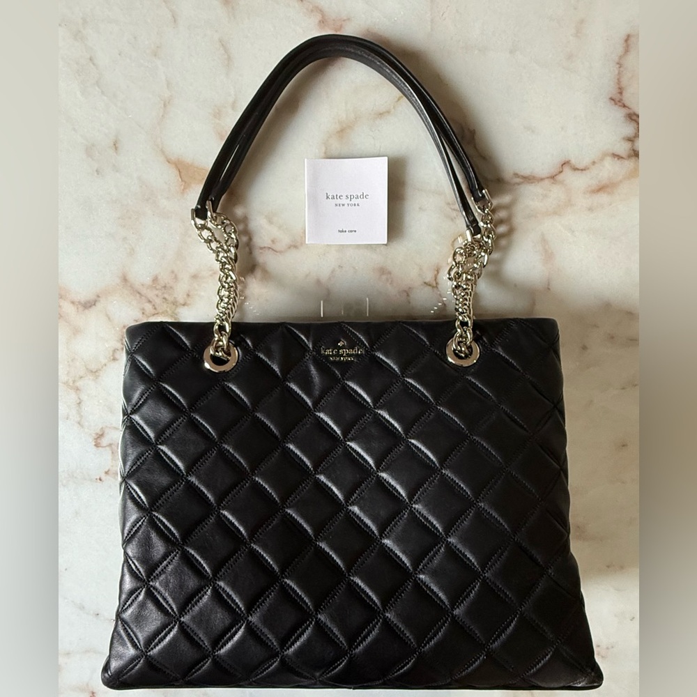Kate Spade Black Quilted Tote with Gold Chain